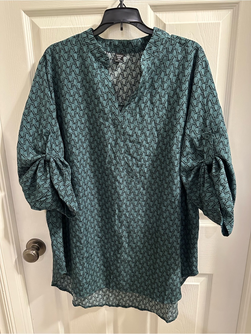 SHEIN Teal Patterned V-Neck Tunic Blouse VGC
